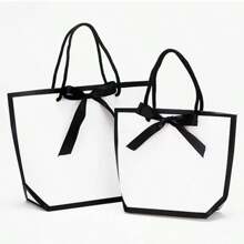 5/10 Pezzi Borse in carta kraft bianca con fiocco decorativo, borse capienti per shopping/regalo, adatte per feste, Ognissanti, Ringraziamento, Natale, matrimoni, compleanni, uso aziendale, nastro nero e bianco, fai-da-te e stoccaggio di articoli di bellezza