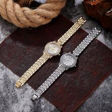 1 pieza Reloj pulsera con diamantes de cuarzo, brillante, elegante, para mujer, en color oro/plata para fiesta