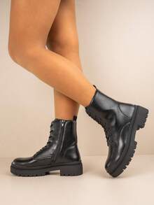 Faux Leather Chunky Sole Lace-Up Combat Boots - Black - View 2