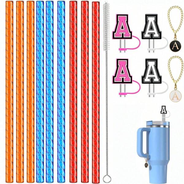 Juego de 6/9 pajitas con tapones reutilizables de 10 mm con 2 piezas de accesorios con inicial, para taza de 40 oz con asa, útiles escolares