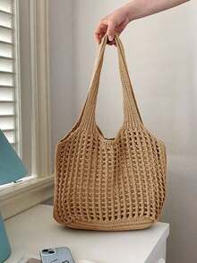 Yogodlns 轻便休闲镂空编织购物手提袋，大容量手提包，适合旅行、户外活动和上学。多功能厨房收纳网袋，适合海滩度假或轻松携带，母亲节礼物，夏季度假包，海滩必备，完美搭配女士海滩配饰，最热门的女士海滩包，海滩必需品，海滩用品，海滩装备和夏季必备品，最新款度假包