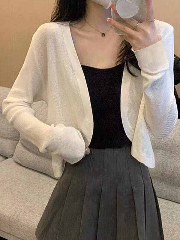1pc Lightweight Silk Ice Chiffon Cardigan, Versatile & Elegant Design, Long Sleeve Thin Knitted Cover Up For Spring & Summer