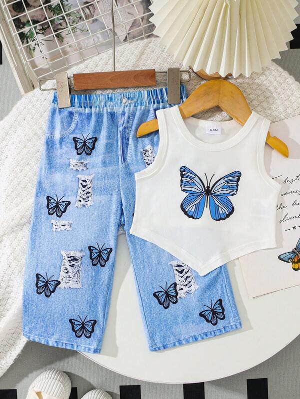 Conjunto de 2 piezas de chaleco con estampado de mariposa + pantalones casuales sueltos con estampado para niñas, verano