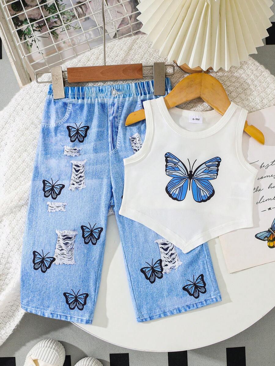 2pcs Baby Girl Outdoor Butterfly Print Top + Loose Casual Printed Pants Set, Summer - White - View 1