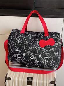 Sanrio Bolso de viaje de gran capacidad con lazo estiloso de Hello Kitty de Sanrio Fashion - Bolso cruzado de hombro elegante de poliéster para mujer, estampado de animal de dibujos animados, para mujer, bolso de graduación blanco para la escuela, accesorios escolares