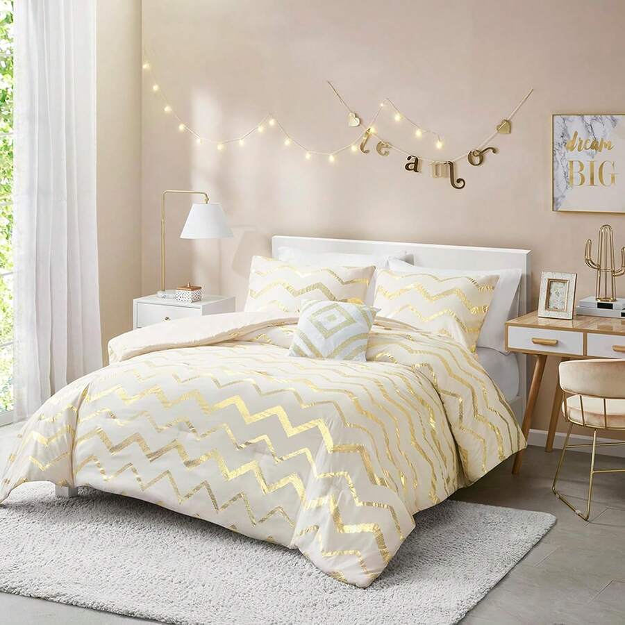 White And Gold Bed Comforter Set, Cute Queen And Full Size Golden Teen Girls Bedding, 4 Pieces - All Seasons Warm - Gold - View 1
