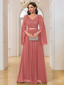 MIUSOL Vestido largo formal de fiesta con cuello en V profundo de gasa, mangas largas, volantes en el bajo y detalles de encaje y lentejuelas contrastantes