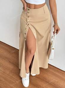 Gonna utility casual divisa in vita per donne taglie forti di colore tinta unita