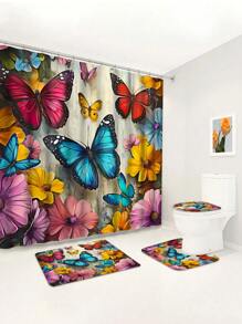 4 Peças Conjunto de Banheiro com Estampa Floral Primaveril de Jardim - Inclui Cortina de Chuveiro Lavável com 12 Ganchos, Tapete Antiderrapante, Tapete de Vaso Sanitário em Formato de U, Tampa de Assento Sanitário e Decoração de Banheiro de Volta às Aulas