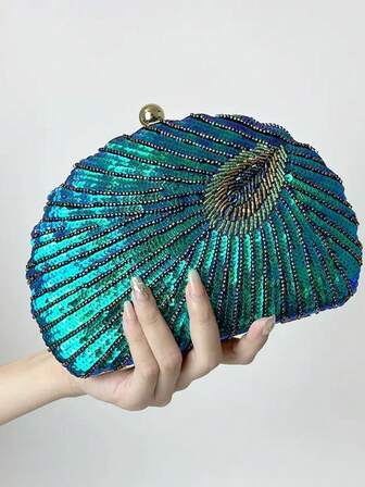 Peacock Blue Retro Chinese Style Cheongsam Handbag For Women, Peacock Embroidered Beaded Sequin Party Clutch Purse Suitable For Formal Occasions Like Dinner Party, Wedding, Banquet, As Gift For Women , Blue