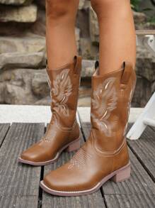 1 双复古刺绣经典棕色西部牛仔靴，一脚蹬中筒方头高跟西部靴，适合青少年 - 棕色 - 查看 5