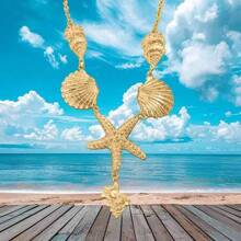 A Summer Beach Exaggerated Style Octopus Dripping Oil Starfish Shell Snail Cross Multi-Layer Diamond Pendant Necklace
