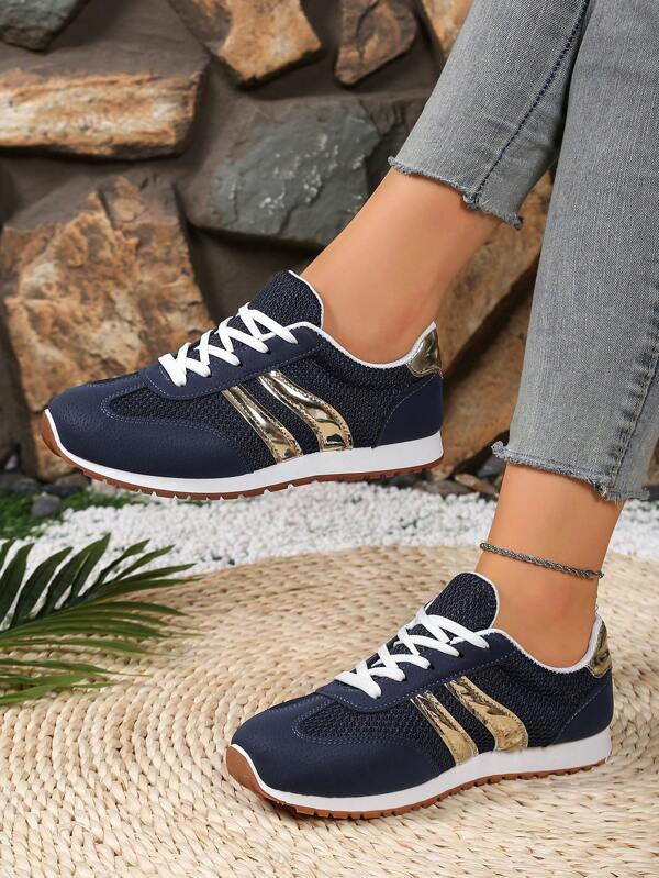 New Lace-Up Casual Sports Shoes, Soft Sole Versatile Non-Slip Running Sneakers, Breathable Mesh Fabric Student Shoes