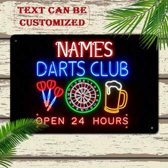 1pc Customized Metal Wall Sign - Vintage Darts Club Decor With Neon-Style Darts, Beer Mug And Dart Board Graphics - 8"X12" (20x30cm) Personalized Home Bar, Game Room, Pub Wall Art - Metal Sign,End Of Summer,Chic Design