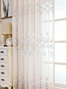 1 Peça Cortina Transparente Perfurada de Estilo Chinês com Bordado de Folha de Ginkgo, Elegante para Sala de Estar ou Quarto