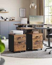 Caisson de Bureau à roulettes, Verrouillable, avec 2 Tiroirs, 5 roulettes, Barre de Suspension Réglables, pour Dossiers Suspendus au Format A4, Marron Rustique et Noir d'encre - Tabac - Voir 1