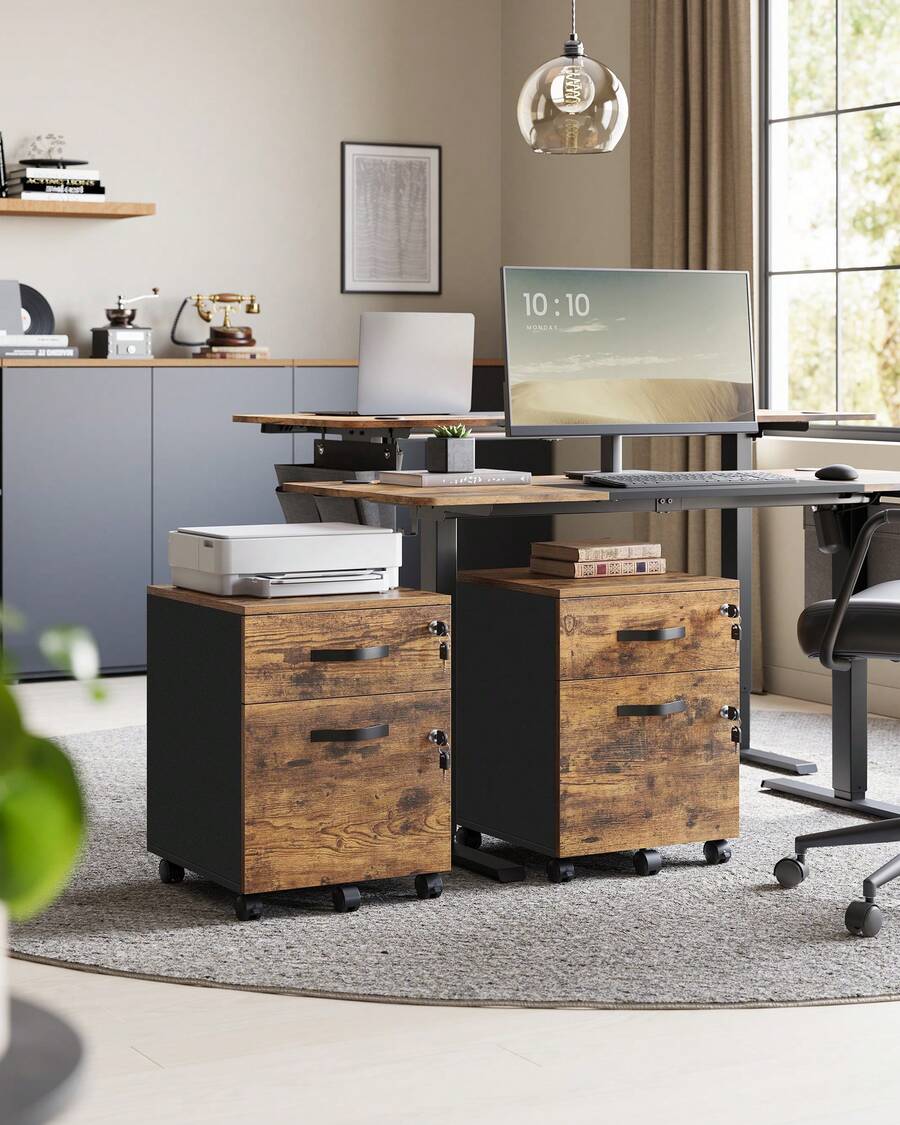 Caisson de Bureau à roulettes, Verrouillable, avec 2 Tiroirs, 5 roulettes, Barre de Suspension Réglables, pour Dossiers Suspendus au Format A4, Marron Rustique et Noir d'encre - Tabac - Voir 1