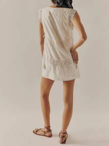 Women Vintage Lace Floral Boho A Line Dress Summer Casual Sleeveless Fringe Side Tie-Up Party Mini Dress - 杏色 - 查看 3