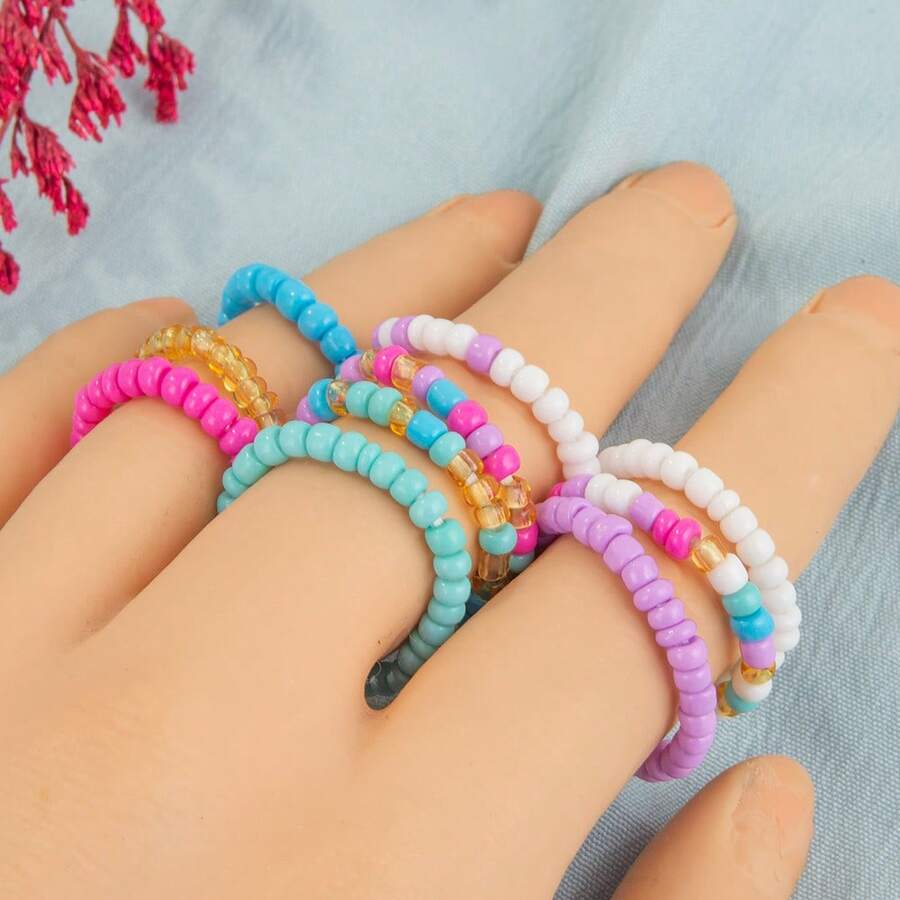 10 件/套女士时尚弹力戒指波西米亚风格彩色珠子玻璃材质戒指带弹力绳，夏季海滩度假