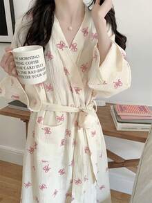 1pc Women's Bathrobe, Kimono Robe, Sleepwear, Minimalist European Style Long Sleeve, Spring/Autumn, Petite To Plus Size, Pink Bow Decor, Lightweight Solid Color Loungewear - Beige - View 5