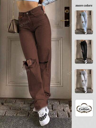 NVFelix Nuevos jeans rectos de pierna recta con bolsillo desgastado de moda - Ropa de vuelta al colegio para otoño