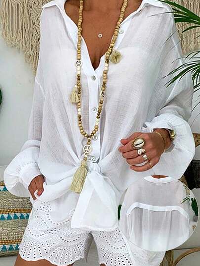 Women's Solid White Linen-Feel Sheer Long Sleeve Loose Casual Shirt Blouse, Suitable For Music Festivals, Coachella Parties, Casual Wear For Young Girls, Beach Vacation, And Daily Commute