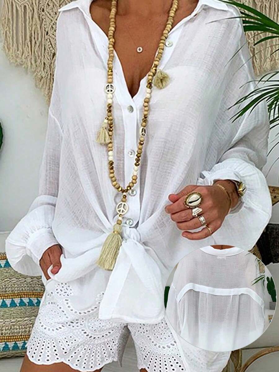 女士纯白色亚麻质感薄纱长袖宽松休闲衬衫，适合音乐节、科切拉派对、年轻女孩休闲穿着、海滩度假和夏季日常通勤 - 白色 - 查看 1