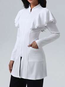 Double Pocket Open Front Long Sleeve Lab Coat, Nursing Scrub Uniform Jacket With Frill Edge, /Dental/Clinic/Salon/Psychologist Scrub Uniform Outerwear