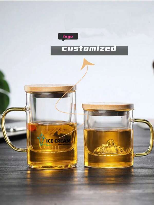 1pc Customized Glass Teaware Set, Can Customize Your Name, With Infuser/Wooden Lid, Asymmetrical Mountain Shaped, Heat Resistant, High Borosilicate Glass Cup, 350ml 500ml, Gift For Father/Mother/Friend/Colleague, Suitable For Tea Drinking/Father's Day/Party