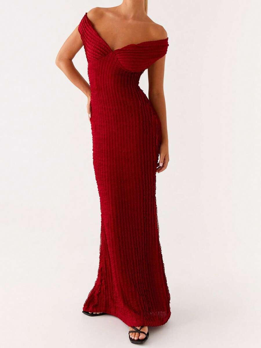 Women's Bodycon Long Dress Off Shoulder Tie Back Solid Color Slim Fit Cocktail Dress - Red - View 1
