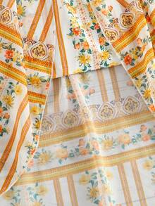 年轻女孩休闲花卉印花不对称下摆露肩荷叶边衬衫和裙子套装，夏季 - 黃色 - 查看 8