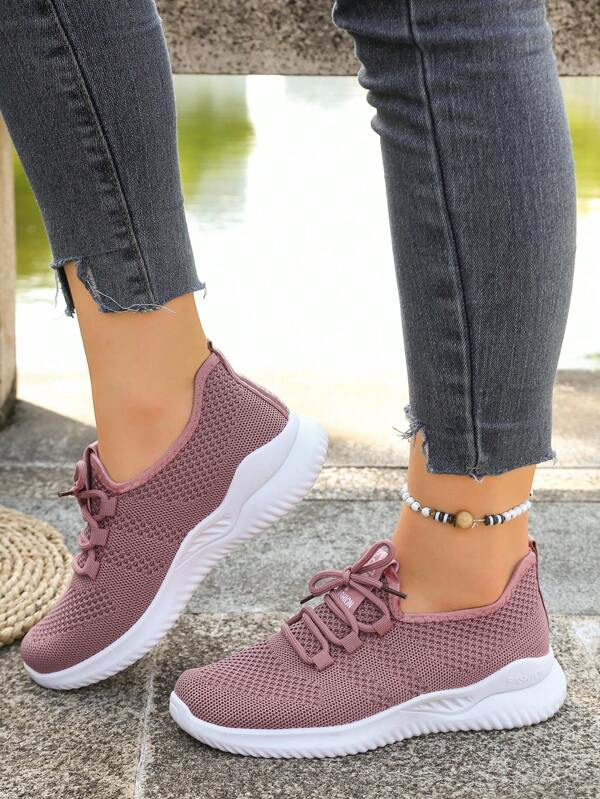 Popular Casual Sports Sneakers, Soft Sole Versatile Running Shoes, Lace-Up Mesh Upper For Plus Size Students