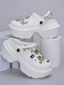 Revreal Black Platform Clogs with Colorful Rhinestone Charms and Chain可愛波西米亞Preppy學院度假時尚Casual休閒Outdoor戶外 - 白色 - 查看 1