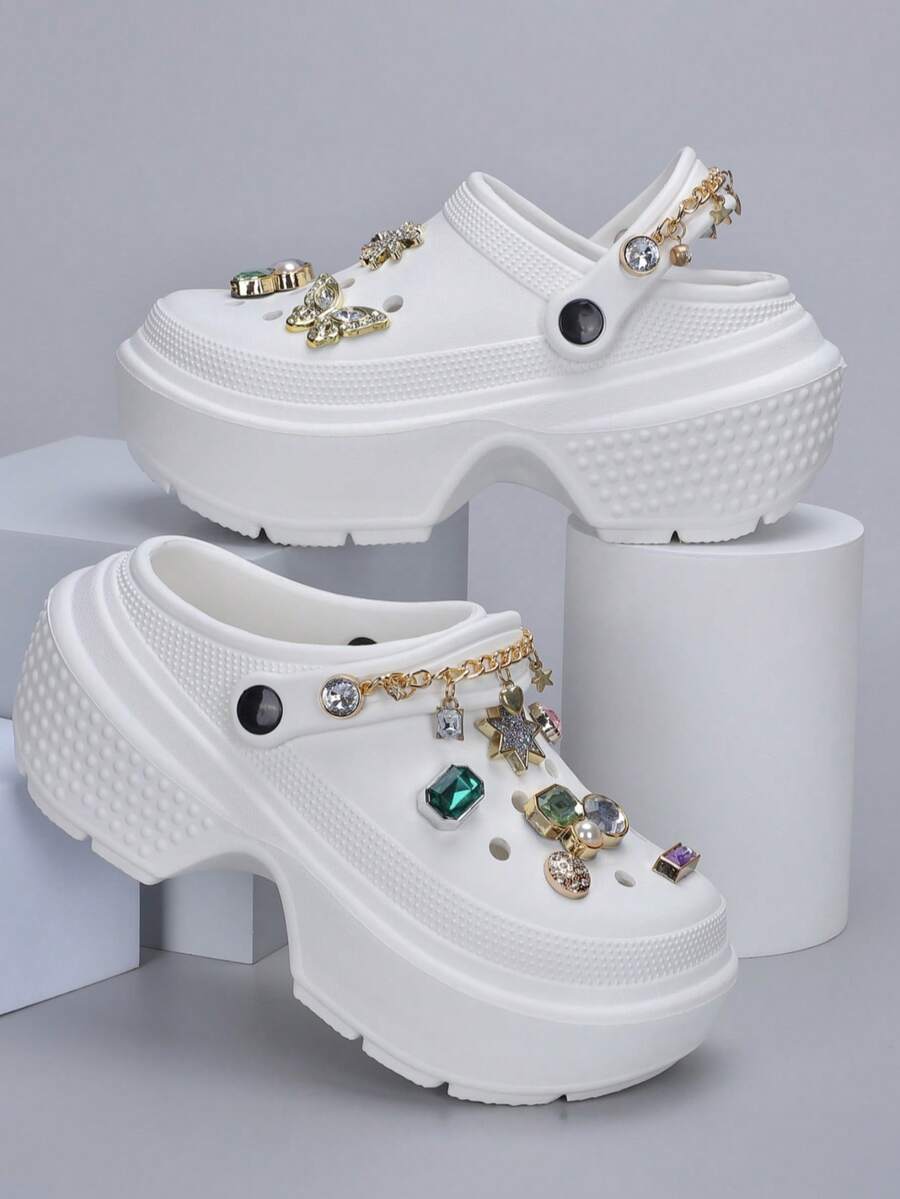 Revreal Black Platform Clogs with Colorful Rhinestone Charms and Chain可愛波西米亞Preppy學院度假時尚Casual休閒Outdoor戶外 - 白色 - 查看 1
