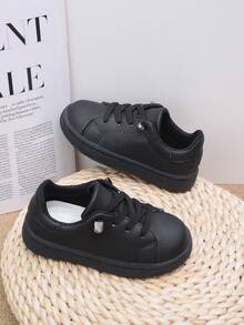 1 Pair New Kids' Slip-On Lace-Up Sports Shoes, Fashionable Comfortable Durable Little White Sneakers, Lightweight Anti-Slip Easy To Match, Suitable For Daily Wear And Running - Black - View 6