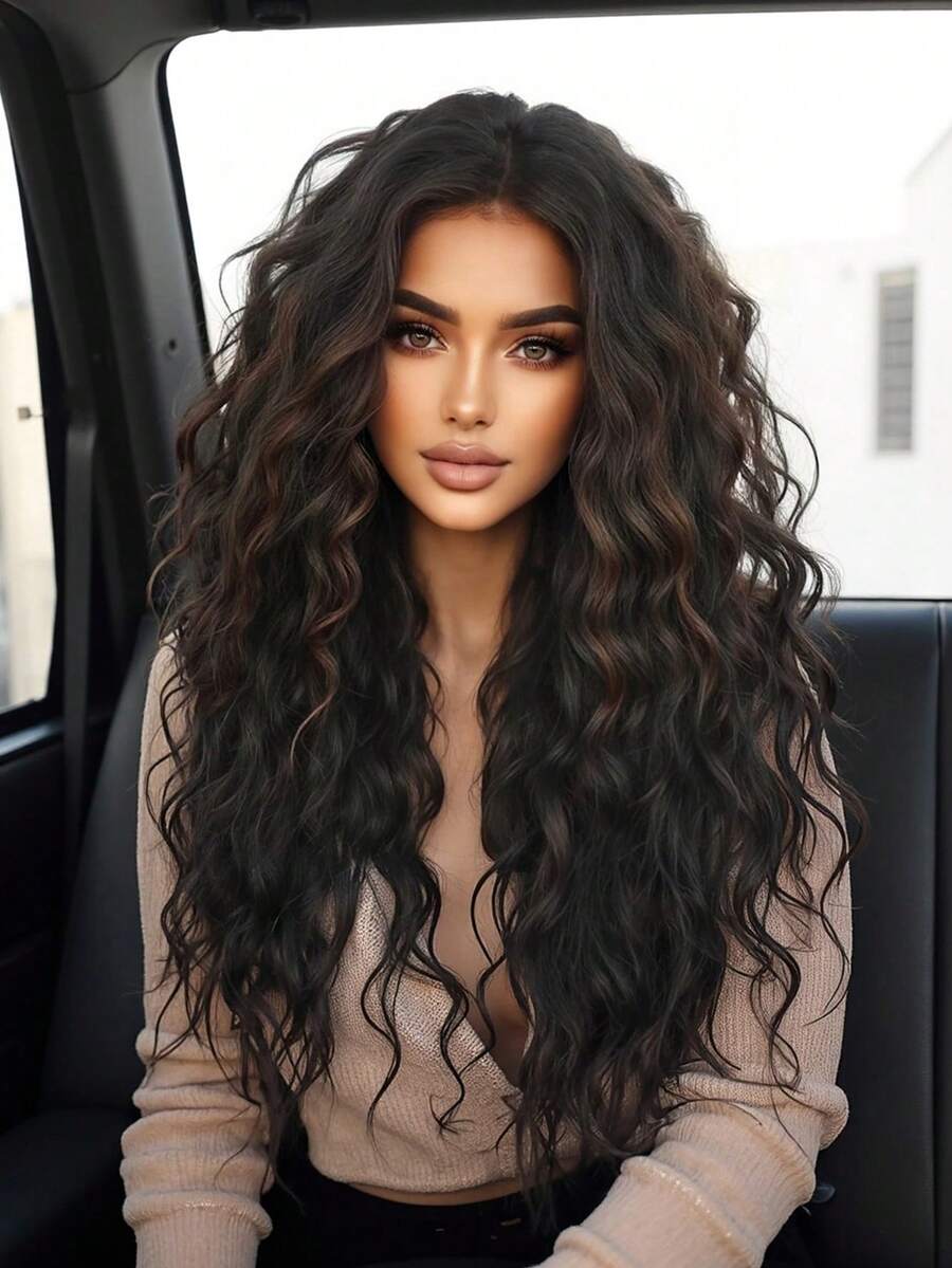 28 英寸长黑栗色多色卷发假发，带有亮点，女士浪漫美丽蓬松合成耐热假发，非常适合日常生活、派对、假日旅行、音乐节和节日礼物。