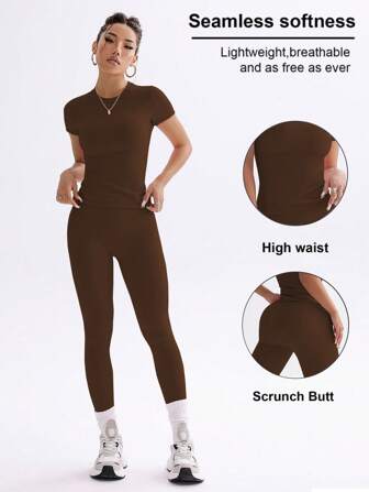 FWH Top de fitness de campus juvénile de couleur unie mignon, vêtement de dessus élastique ajusté de printemps-été à col rond doux et mode polyvalente, ensemble deux pièces élégant à taille haute serré, contrôle du ventre décontracté de base, allongeant les jambes, soulevant les fesses, pour la danse, la course de rue et le yoga