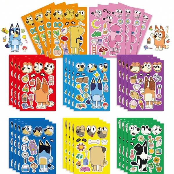 Bluey 8Sheets Bluey Anime Stickers Bingo Cartoon Puzzle Stickers Kawaii Blue Dog DIY Color Handbook Education Sticker Animal Toys Girl Boy Gift