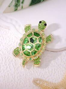 1pc Luxury Rhinestone & Crystal Turtle Brooch Pin, Ocean Animal Suit Lapel Accessory, Alloy Made With Cubic Zirconia & Diamonds, Suitable For Parties And Gifts - Green - View 4