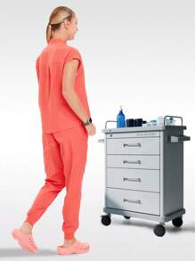 1 Set Solid Color Fashion Stand Collar Quick-Dry Elastic Nurse Uniform Set, Suitable For Women /Beauty Care/Office/Home, Including Top & Tapered Pants