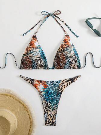 Swimming 2 Pieces/Set Women's Leopard Print And Zebra Print Suspender Sexy Plus Size Bikini Set, Suitable For Summer Beach Vacations