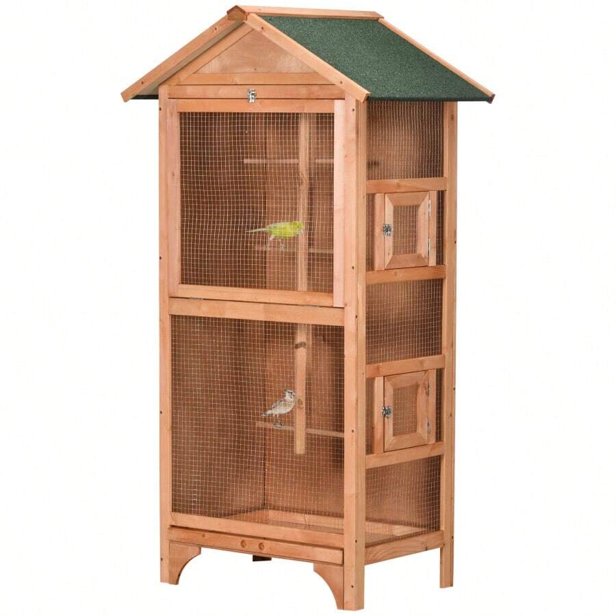 PawHut 60" Wooden Outdoor Bird Cage For Finches Parakeet Large Bird Cage With Removable Bottom Tray 4 Perch Orange - Orange1 - View 1