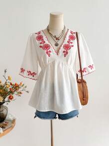 Rusttydustty A Standard-Sized Short-Sleeved V-Neck Casual Vacation Top For Women Boho Easter Beach Hawaii Music Festival Tropical Vacation