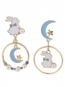 1 par de pendientes con colgante de luna y oreja de conejo, adecuados para uso diario - Multicolor - Ver 2