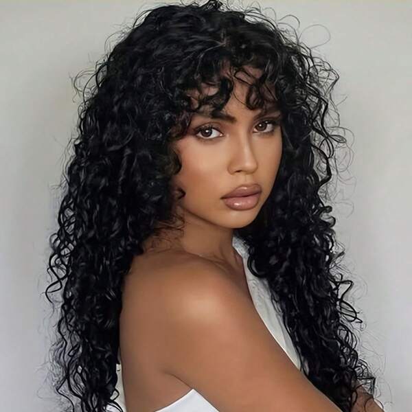 Deep Curly Wave & Water Wave With Bangs, 22 Inch Rose Net Cap For, Natural Look For Daily Use & Festivals, Long Hair Wig, Festival Hairpiece