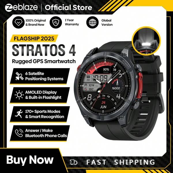 Zeblaze Zeblaze Stratos 4 GPS Smart Watch 1.43'' AMOLED Display Built-In GPS Flashlight Compass GLONASS GALILEO NAVIC QZSS BDS Barometric Altimeter Bluetooth Phone Calls 5 ATM Smartwatch Screen Locked Teenager Sport Watch