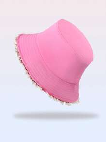 1pc Solid Color Dopamine Lace Patchwork Bucket Hat, Simple Versatile Stylish Fashion Casual Sun Protection Travel Beach Hat