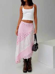 Women's Y2K Lace Patchwork Flowy Midi Skirt Vintage Low Waist Floral/Dots Print Asymmetrical Hem Flowy Long Skirts Summer Fall Beach Vacation Lightweight Aesthetic Skirt - 粉色 - 查看 7