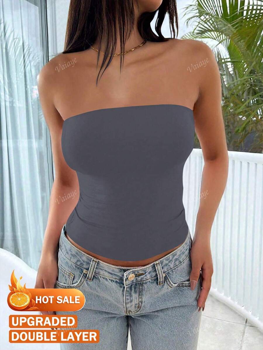 Vaiaye 4th Of July Holiday Summer Outfits Sexy Strapless Basis Vest Fashion Solid Elastic Slim Fit Tube Top For Women Four Seasons Wear