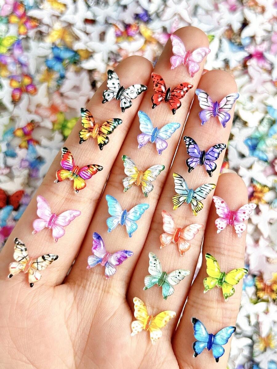 200Pcs Random Mixed ABS Colorful Butterfly Nail Charms 3D Colored Butterfly Y2K Nail Art Accessory DIY